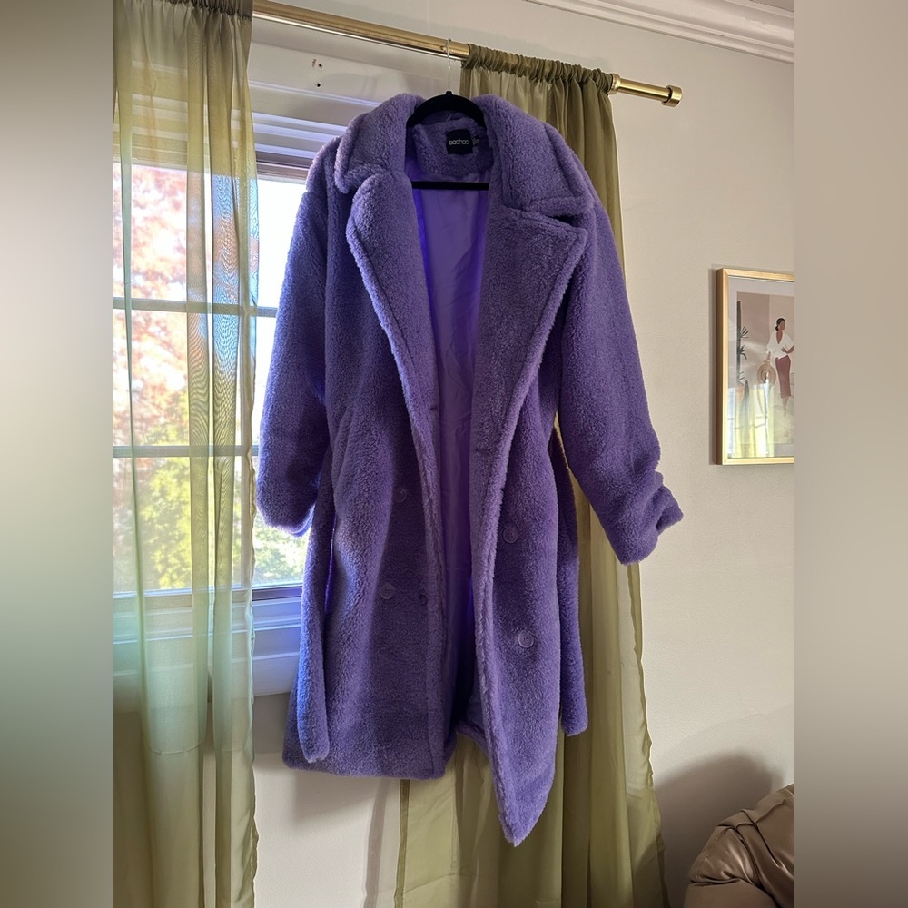 Purple Boohoo faux coat -
100% polyamide. Dry clean only.